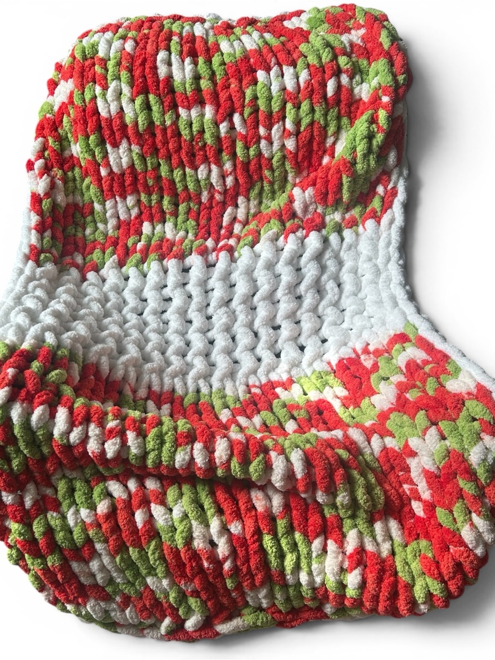 Chunky Crochet Throw Blanket in Red, Green & White ( Grinch Colors)